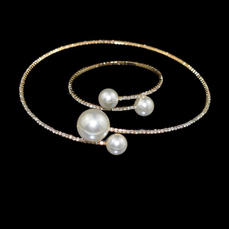 Gold-Plated Silver Women's Necklace & Bracelet Set with Pearls and Rhinestones