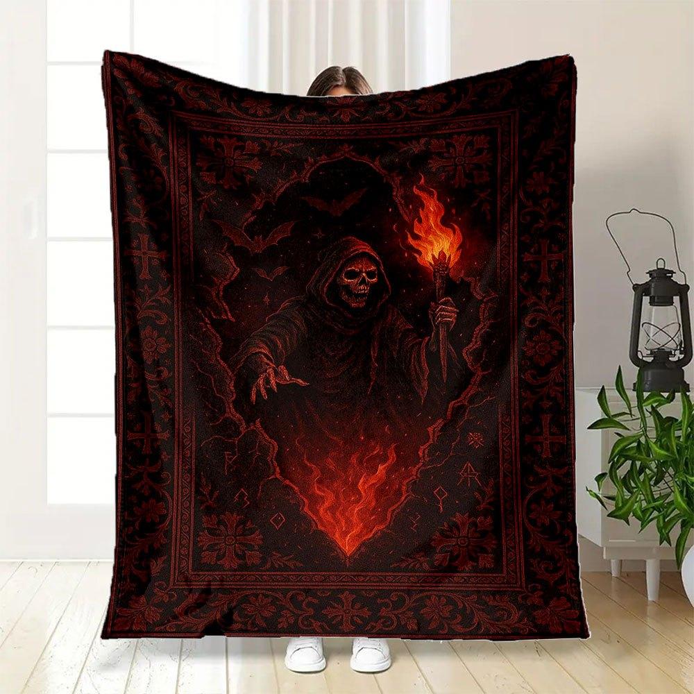 "Dark Fantasy Reaper with Flames Wall Art Print"Blanket Flannel Throw Blanket for Sofa, Bed, Travel, Camping, Office, Couch, Chair, And Bed
