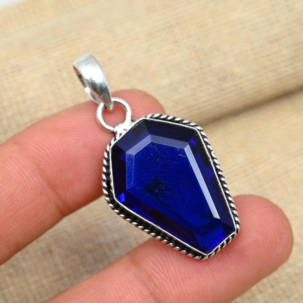 Blue Sapphire Lab-Created Gemstone Solid 925 Sterling Silver Handmade Jewelry Pendant
