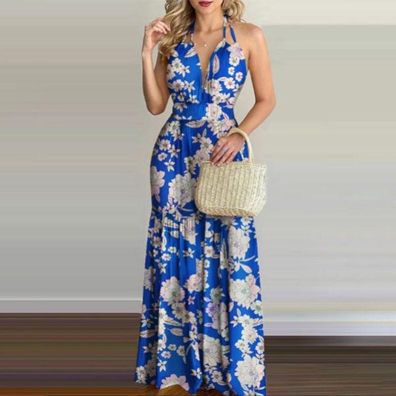 European and American-Style Printed Backless Maxi Dress