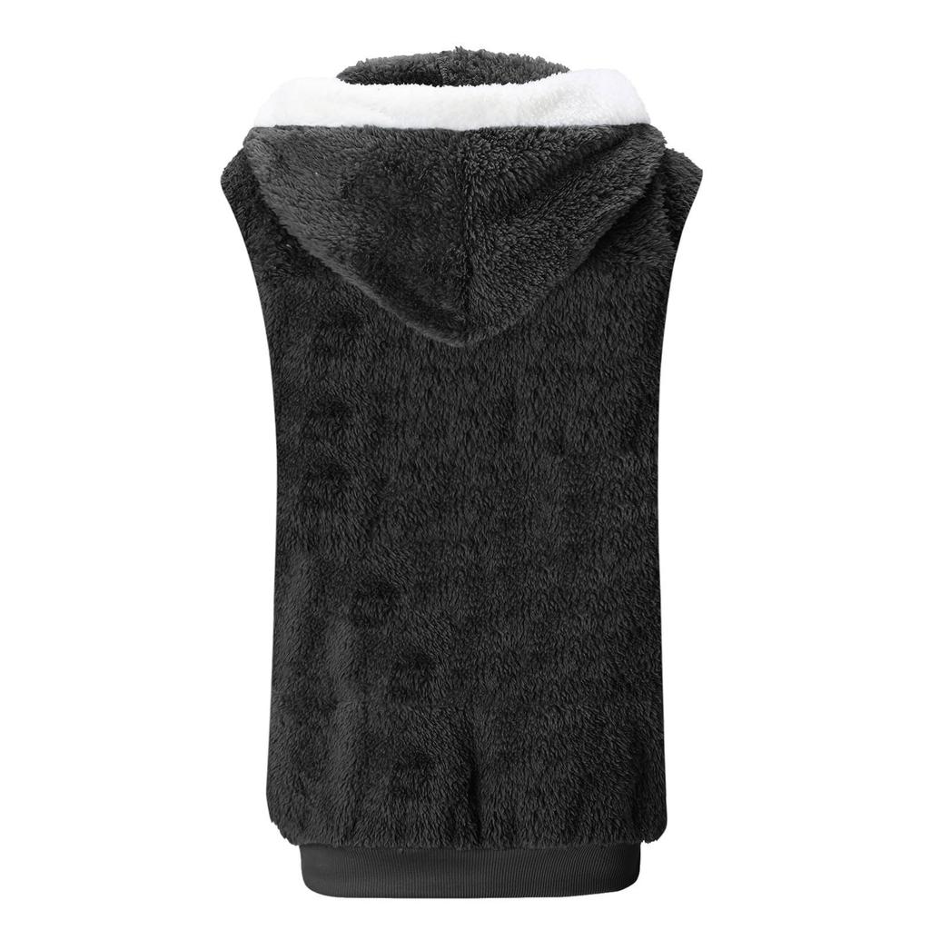 Women's Fashion Stitching Loose Hoodies Sleeveless Plush Zipper Coat