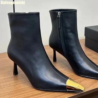 Металлические ботильоны с квадратным носком для женщин 2025 Новые осенне-зимние с плюшевой подкладкой из натуральной кожи Сексуальные туфли на высоком каблуке Стилет Рыцарские сапоги