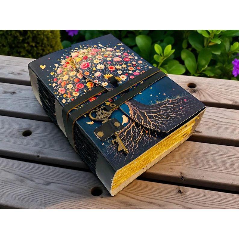 Tree of Life Grimoire – Vintage Leather Boho Notebook with Key | Deckle Paper Journal for Wiccans, Writers & Dreamers Diary
