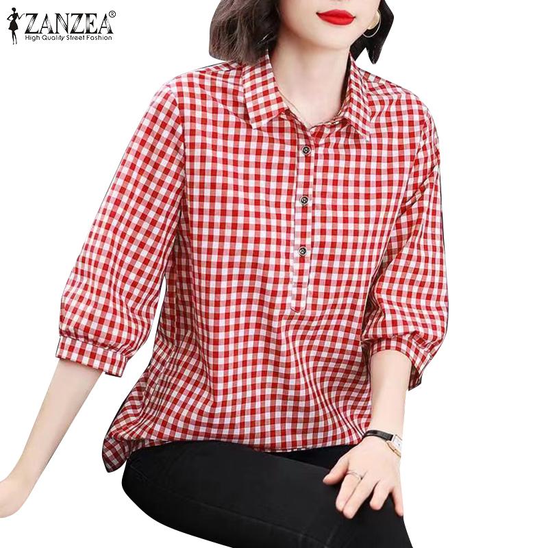 ZANZEA Женская повседневная блузка с отложным воротником и принтом в сетку с рукавами 3/4