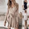 Autumn and Winter New Women's Solid Color Lace V-neck Long-sleeved Ruffled Dress