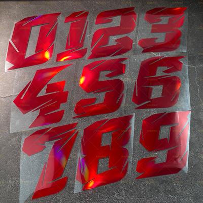 2 шт. Красные лазерные наклейки с номерами для мотоцикла, водонепроницаемые, для мотоциклетного шлема, обтекателя, топливного бака, кузова скутера, универсальные виниловые наклейки