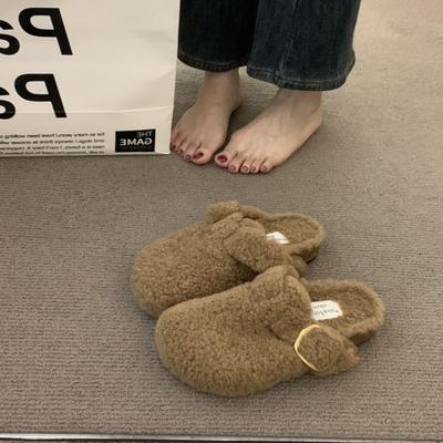 Полусапожки женские на толстой подошве из плюша из овечьей кудрявой шерсти, для улицы, зима 2025, новые, тапочки из пробки и шерсти, с одним ремешком