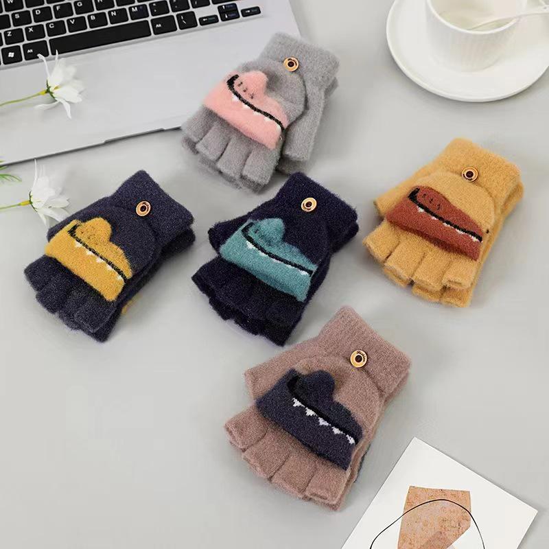 Children's Flip-Top Half-Finger Winter Gloves - Crystal Mink Dinosaur Design