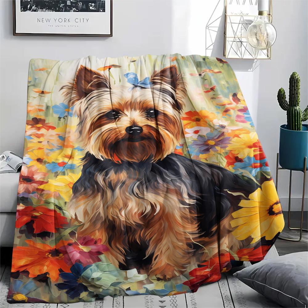 Colorful flowers and puppies Print Flannel Blanket,High quality Comfortable for All Seasons,Home Decor,Warmth and Comfort,Perfect for Christmas Gifts