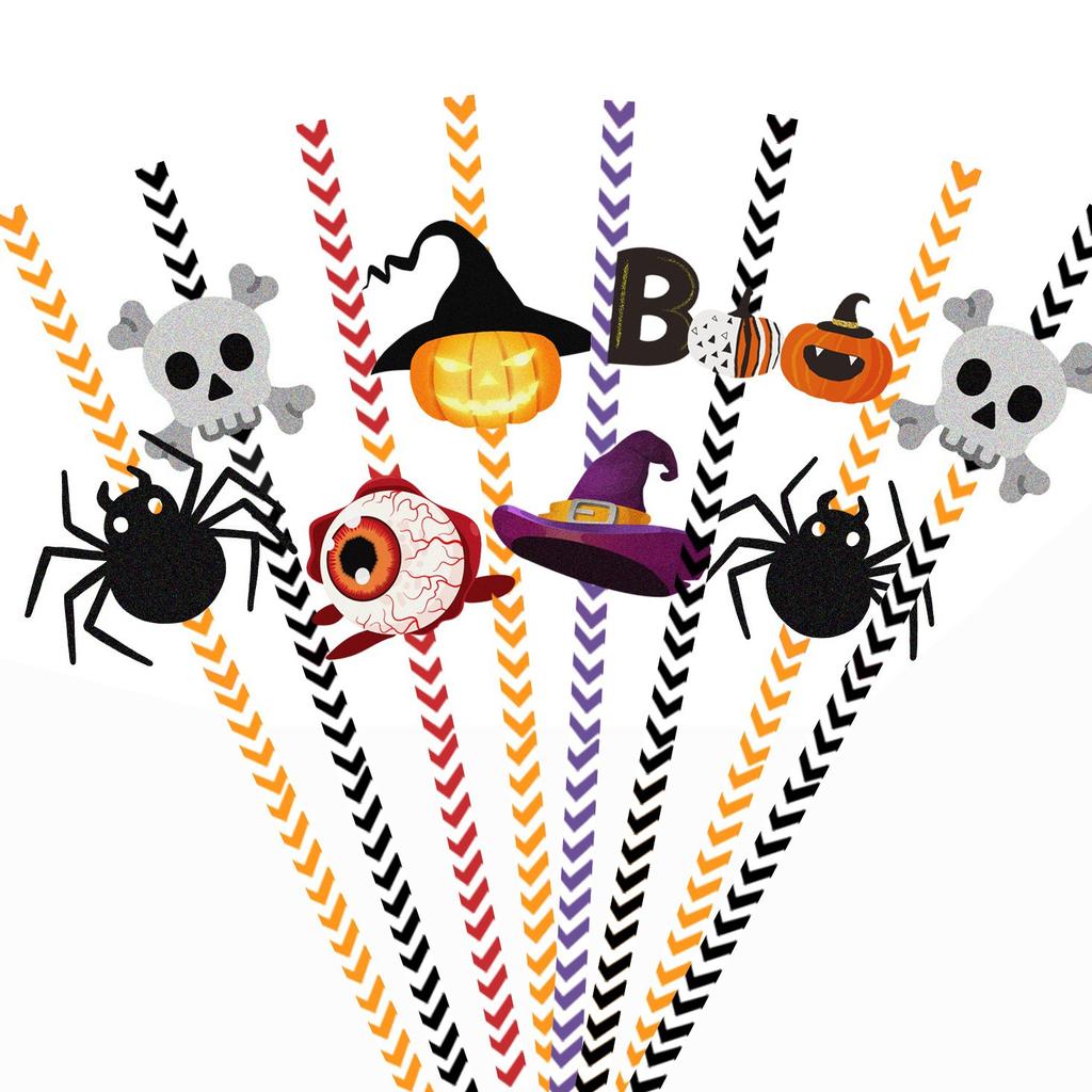 Halloween Straws, Party Decorations, 24pcs, Skeleton Spiders, Water Cup Beverage Decorations, Disposable Straws