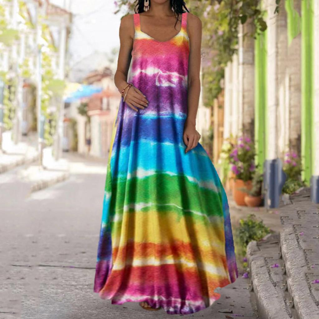 Женское повседневное платье макси с принтом, V-образным вырезом, без рукавов, платье-комбинация с карманами