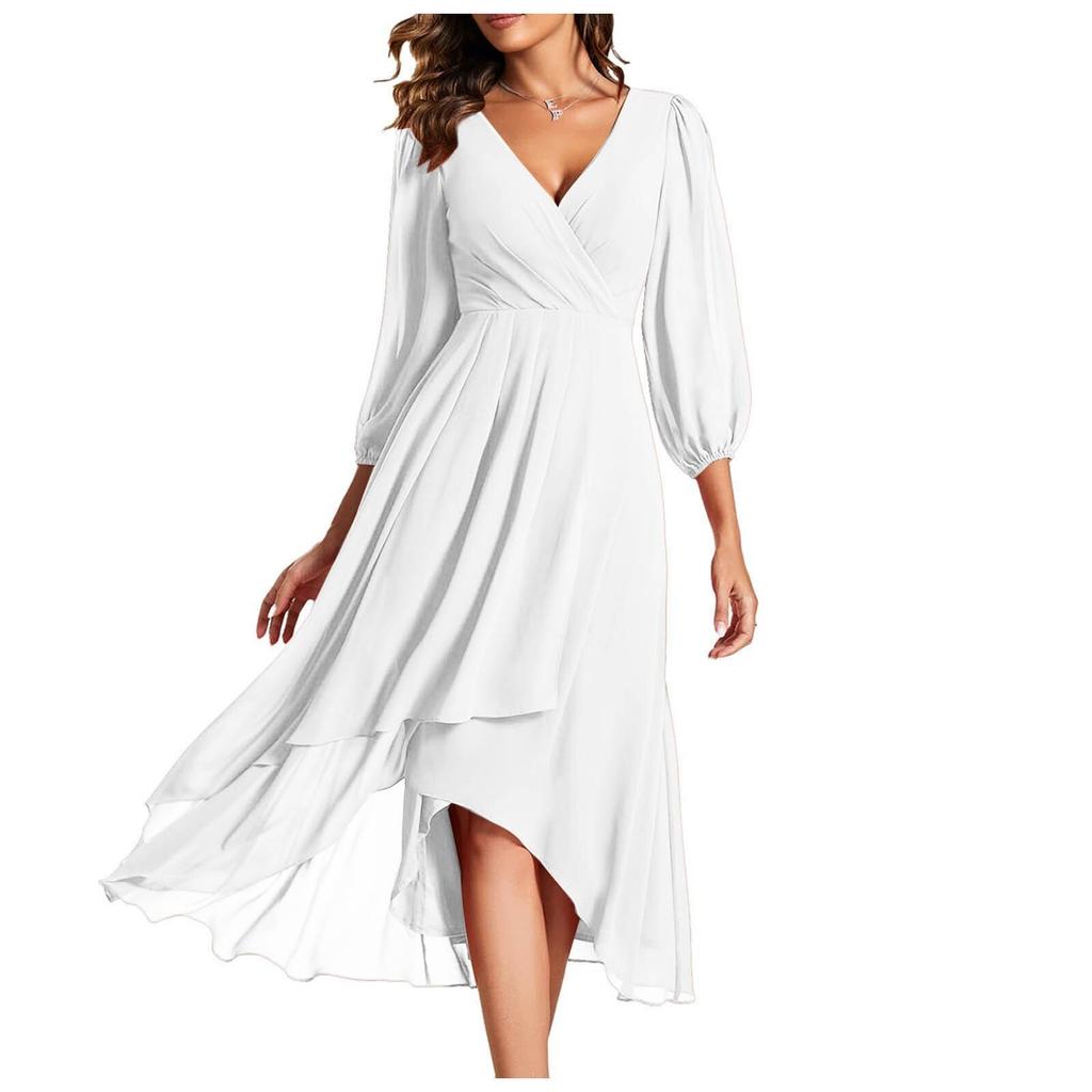 Women's Fashion V-Neck Long Sleeve Loose Slim Evening Casual Chiffon Dresses