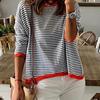 2024 Fashion Plus Size Casual Soft Knitted Sweater Women Striped Long Sleeve Warm Pullover Sweaters Tops Shoulder Down Round Neck Knitwear 24599