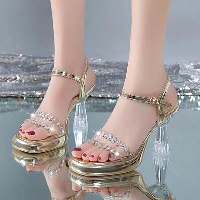 Мода 2024 Лето Новые Круглые Носки Открытый Носок Ремень Пряжка Прозрачные Сексуальные Сандалии Женские Комфортные Однотонные Высокие Каблуки Женские