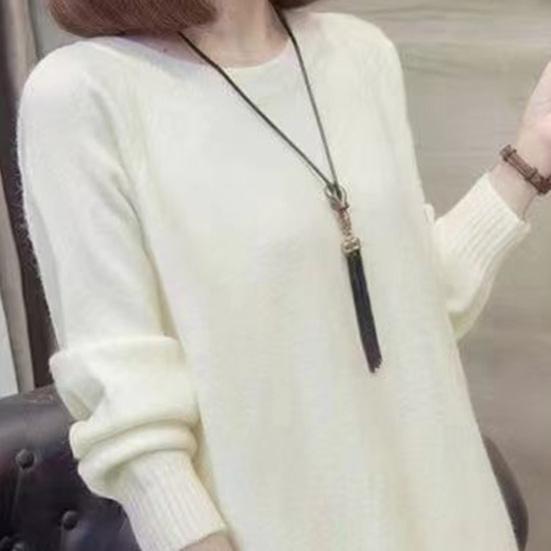 Женское платье-свитер с круглым вырезом, вязаное однотонное свободное эластичное платье с длинными рукавами и толстым теплым пуловером длиной до середины икры, женское осеннее платье миди