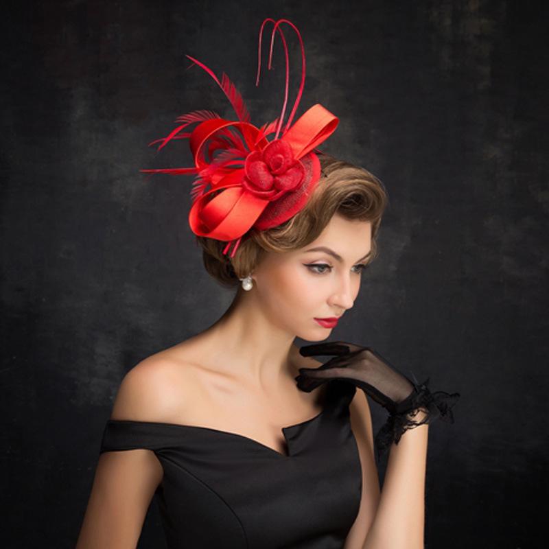 Красная шляпа-цилиндр с перьями для женщин - Универсальный свадебный и вечерний аксессуар