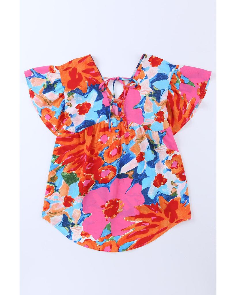 Azura Exchange Блузка с V-образным вырезом и рукавами-крылышками с абстрактным принтом