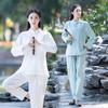 Cotton Linen Retro Chinese Style Plate Buckle Top Spring Autumn Tai Chi Clothes Practice Clothes Female Zen Loose Large Size Tea Clothes 2-piece Suit