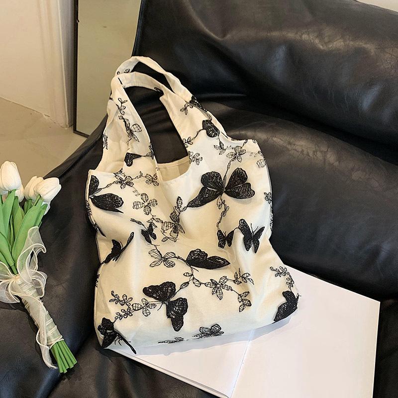 Embroidered Butterfly Canvas Lace Bag Large Capacity Versatile Shoulder Bag For Women Travel Shopping Tote Handbags CLE