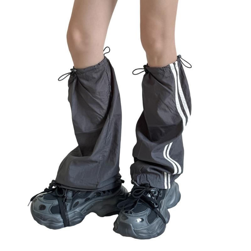 Fashion Drawstring Cargo Leg Warmers for Women Harajuku Side Double Striped Baggy Leg Covers Footless Socks Streetwear