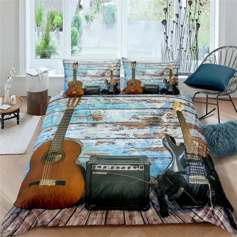 Comforter Music Guitar Bedding Set King Queen Heavy Metal Punk Rock For Teen Boy Musical Note 2/3Pcs Polyester Comforter