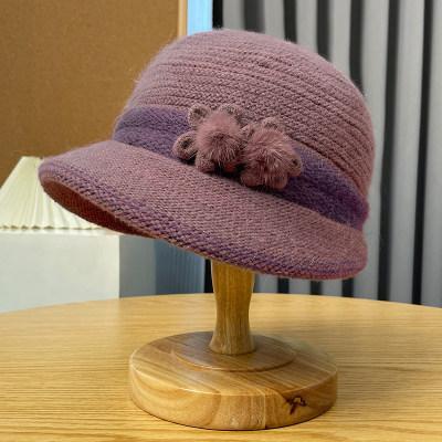 Harbon Bear Knitted Mom Hat with Rabbit Hair Windproof Old Lady Wool Hat