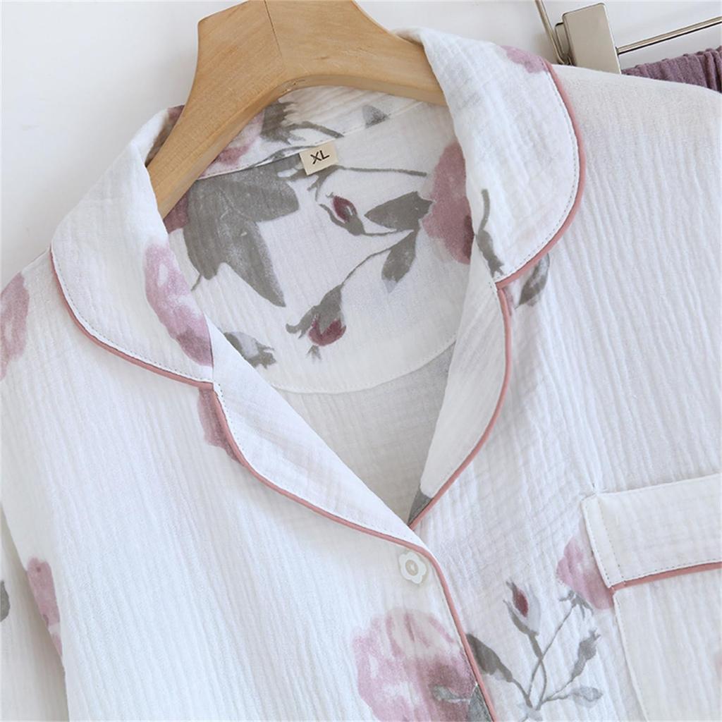 Kyonuza Cotton Loungewear for Spring and Solid Gauze Simple Long Day Size x Purple Women's 100% Pajamas, Open-Front Autumn, Color, Fabric,