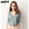 Весенне-летняя мода однотонный пуловер с V-образным вырезом вязаный свитер для женщин