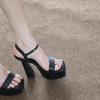 2025 Black High-heeled Shoes Women's Thick-soled One-word Buckle with Waterproof Table Showing Long Legs Open-toed Sandals Thick Heels Not Tired Feet