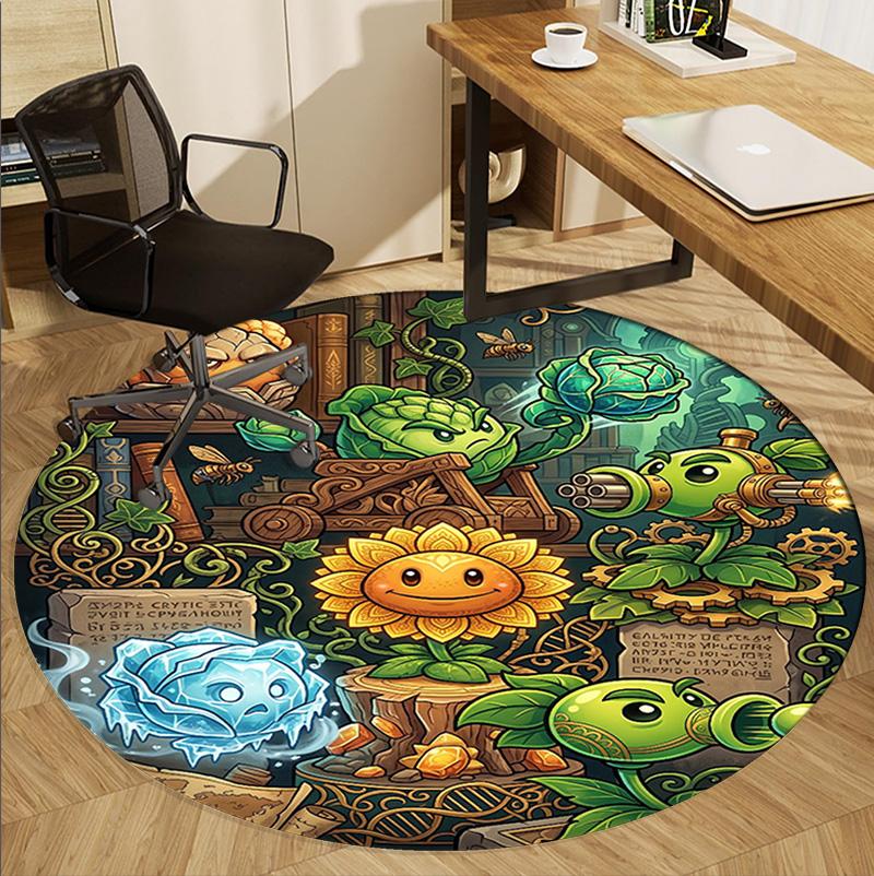 Plants VS Zombies Pattern Round Rug, Indoor/Outdoor Mat, for Picnic, Gameroom, Bedroom, Office, Living Room, Home Decor Carpet, Birthday Gift