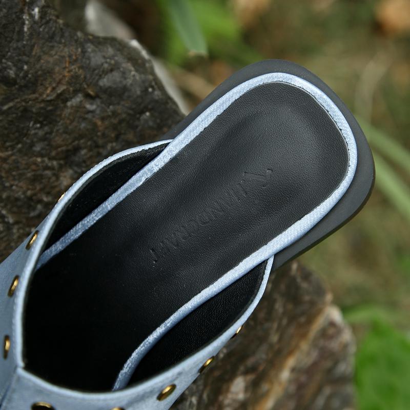 Модные женские новые весенне-летние остроносые туфли-мюли из натуральной кожи и шелка, коровья кожа, металлические заклепки, скошенный каблук, высокий каблук, с закрытым носком