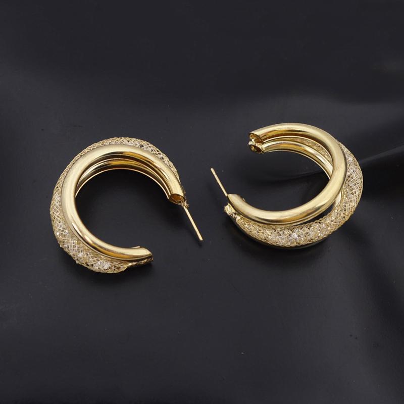 Three-layers Crystal Middle C-shaped Women's Dangle Earrings Hollow Net Design Metal Tube Personality Female Drop Earrings