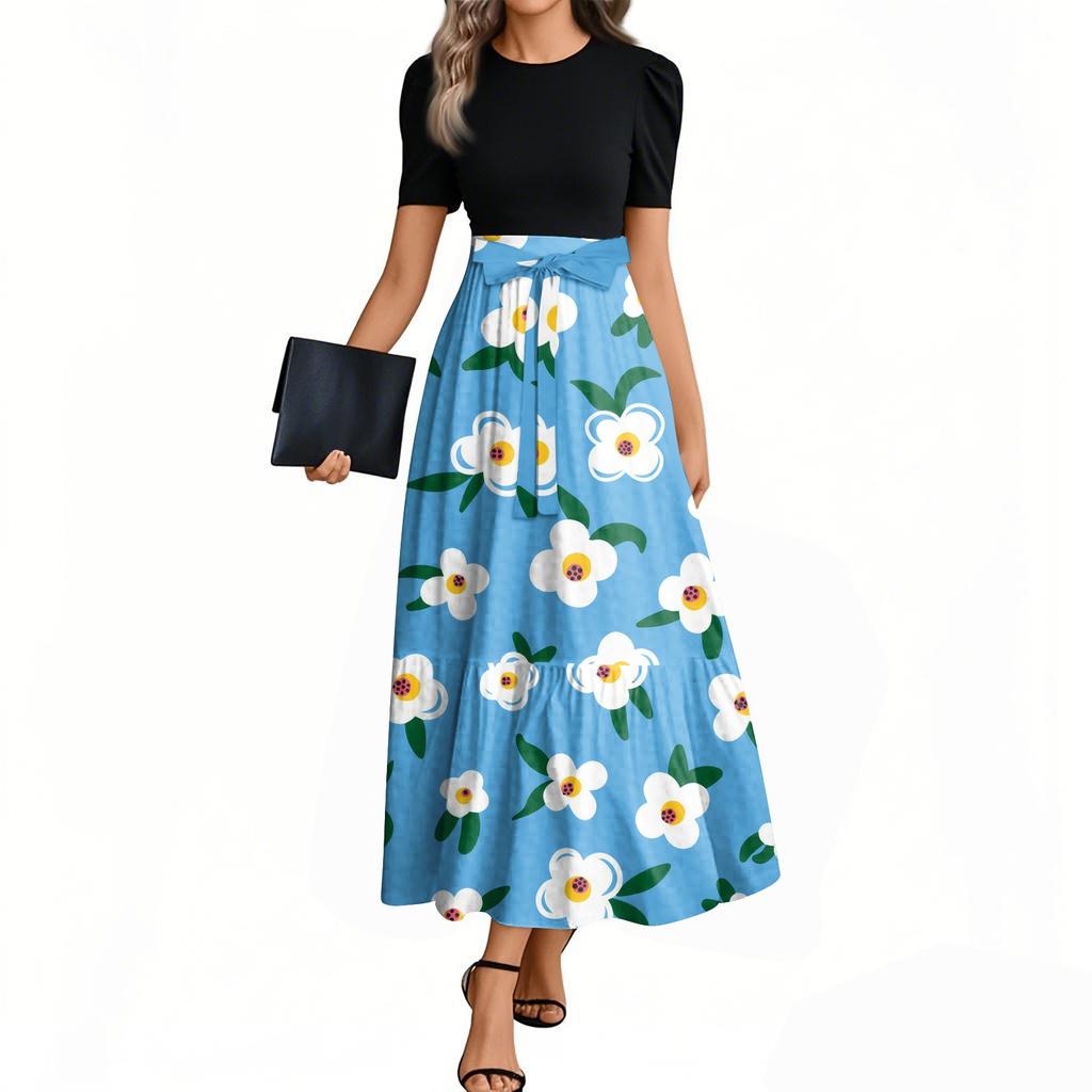 Женское модное повседневное платье с коротким рукавом и круглым вырезом с цветочной вышивкой, элегантное, темпераментное