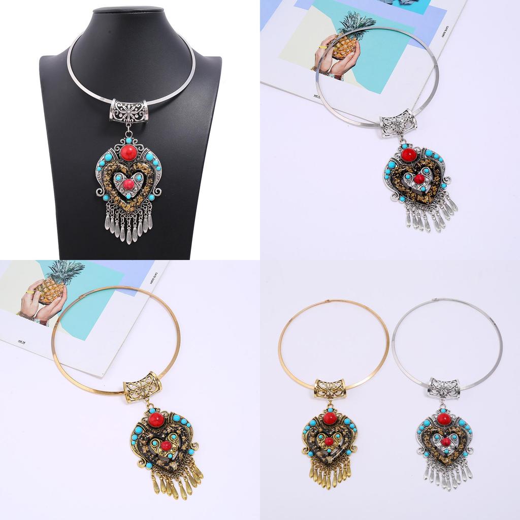 Geometric Style Ethnic Necklace Alloy Metal Heart Glass Pendant For Gift Travel