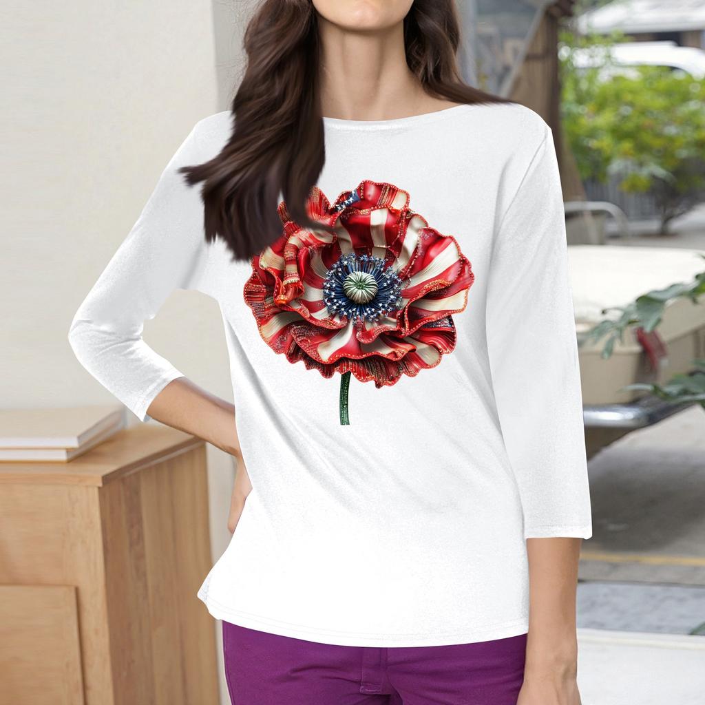 3/4 Sleeve Tops For Women T-Shirt Casual Print Tops T Shirt Round Neck Pullover Blouse