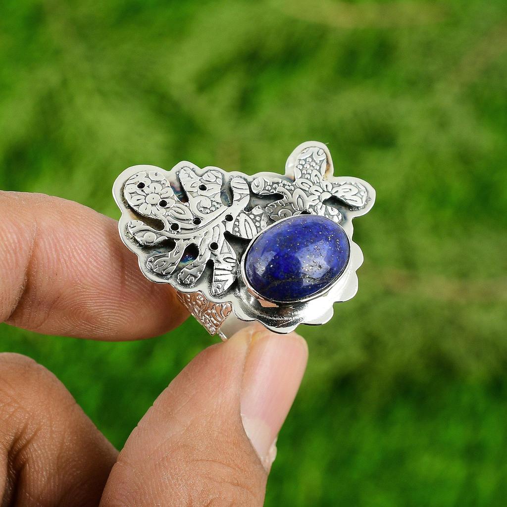 Natural Lapis Lazuli Gemstone Multi Stone Adjustable Ring 925 Silver For Girls