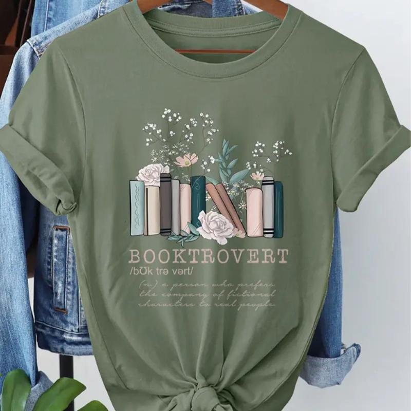 Fashion Women Simplified Flower Book Alphabet Print T Shirt Funny Casual O-neck Short Sleeves T-shirt Summer Female Tee Shirt