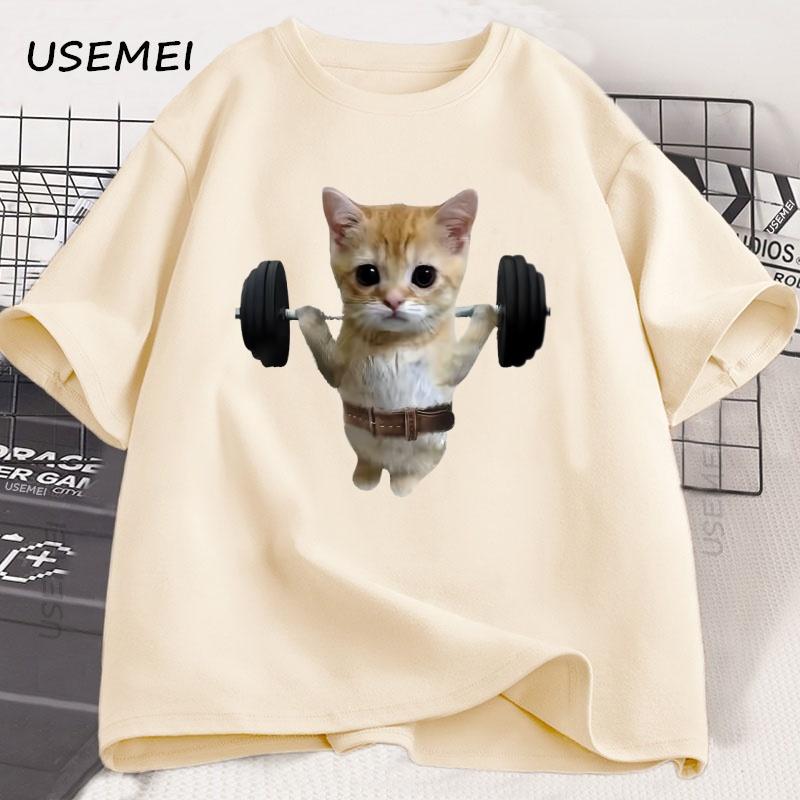 Funny Gym Sam Sulek Cat T-shirt for Men Women Cute Printed Tshirt Male Oversized Short Sleeve C