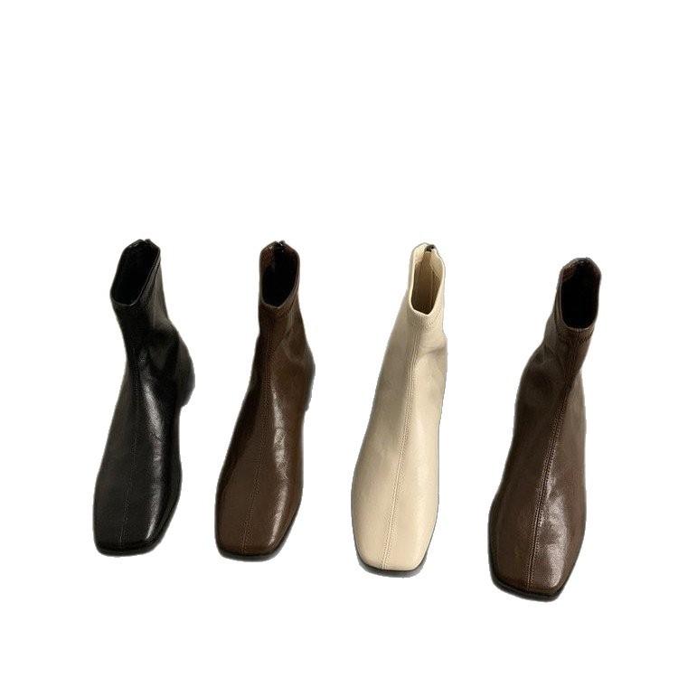 Martin boots genuine leather Korean retro square head suede thick heel heightened thin short boots women's autumn and winter