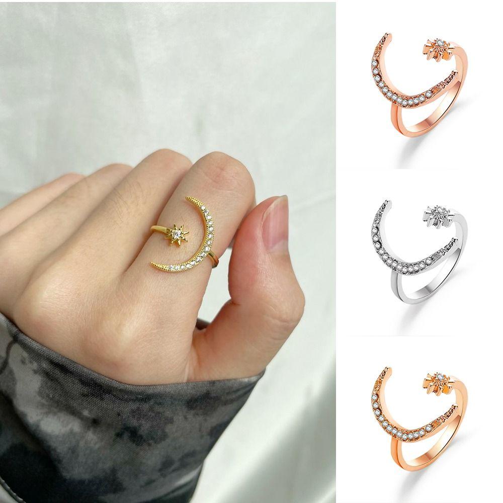Rhinestone Couple Ring Korean Style Crescent Moon Ring Cute Star Moon Opening Rings Women