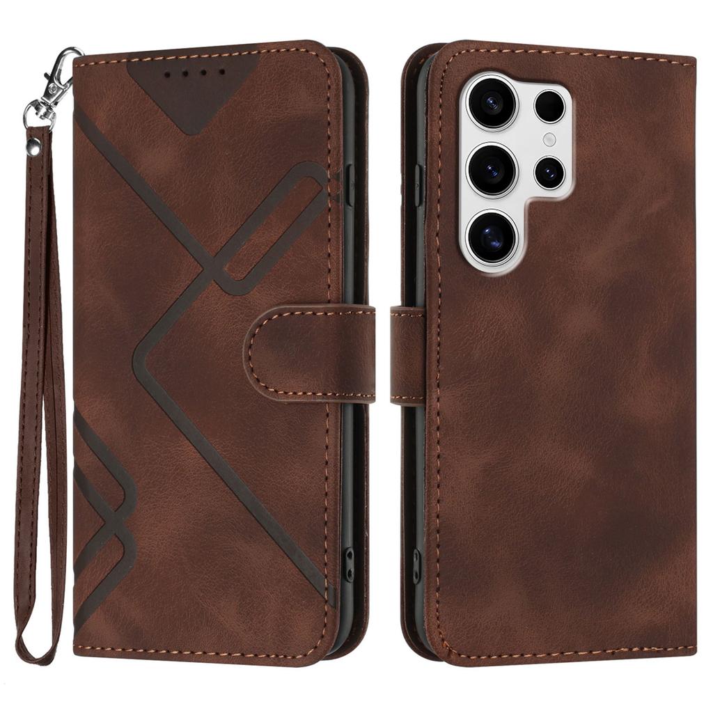 For Samsung Galaxy S25 Ultra Wallet Case Line Imprinted PU Leather Phone Cover with Strap