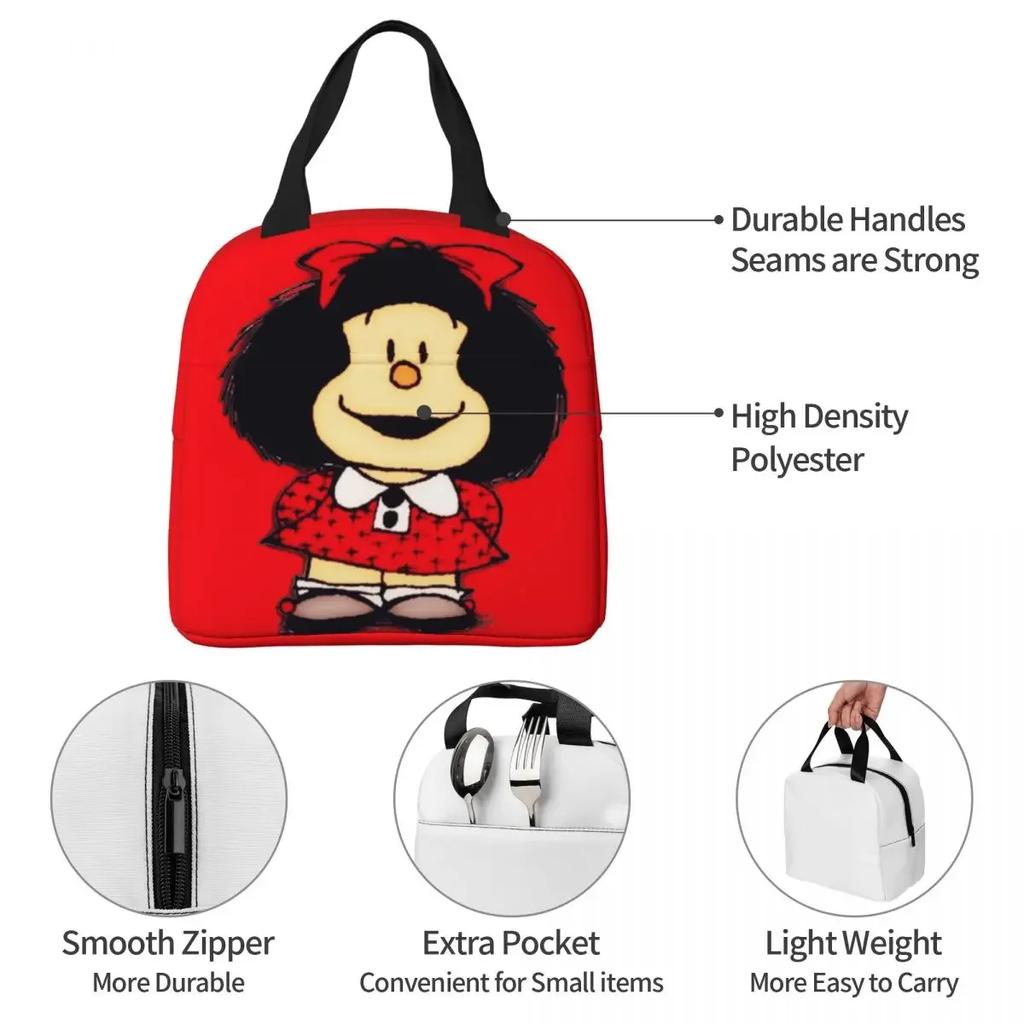 Mafalda Insulated Lunch Bags Cooler Bag Meal Container Quino Argentina Cartoon High Capacity Tote Lunch Box Beach Travel