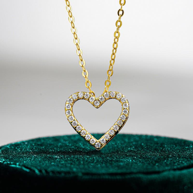 Sterling Heart Pendant Necklace With Moissanite Stone Gold Plated 14K Classic Elegant Jewelry Women