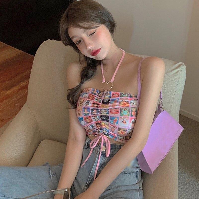 Женский корейский принт, облегающий, сексуальный топ-халтер с открытым пупком