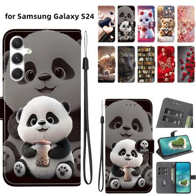 Чехол-книжка из искусственной кожи ручной работы для Samsung Galaxy S24 (СМ-S921B) Противоскользящий ударопрочный чехол с ремешком на запястье и дизайнами в виде сердец/роз и кошек