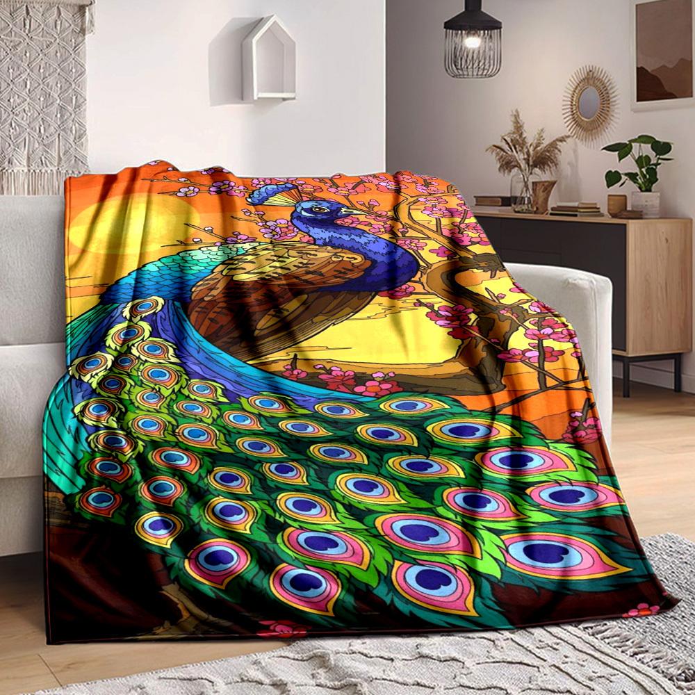 1pc Peacock Feather Blanket Lightweight Flannel Blanket Throw Blanket For Sofa, Bed, Travel, Camping yy2509026210