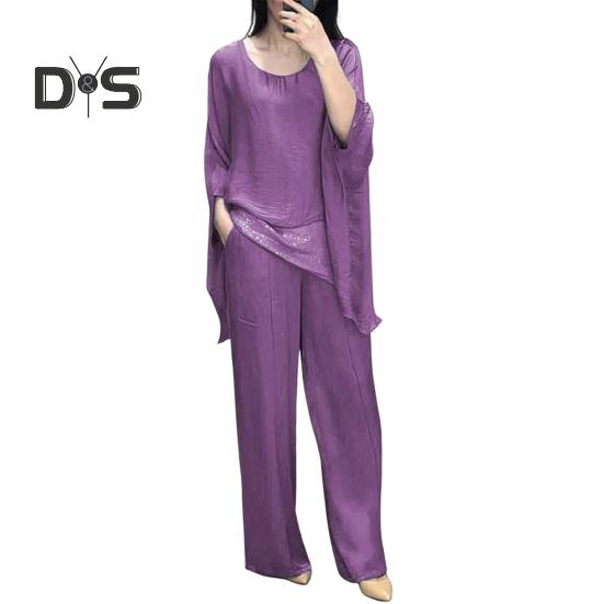 Женский повседневный костюм, топ, широкие брюки, свободный наряд для дома, вечеринки, офиса, с круглым вырезом, с рукавами «летучая мышь», комьютерный костюм