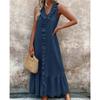 Women'S Spring And Summer Bohemian Maxi Dresses, Solid Color V-neck Sleeveless Pleated Hem Smoked Long Dress