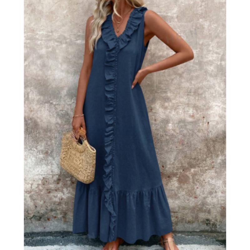 Women'S Spring And Summer Bohemian Maxi Dresses, Solid Color V-neck Sleeveless Pleated Hem Smoked Long Dress