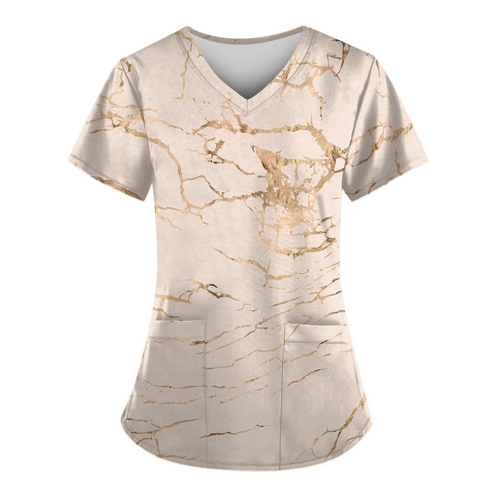 Женская мода, рабочая одежда с v-образным вырезом, короткими рукавами и карманами, топы с принтом, летние топы для женщин